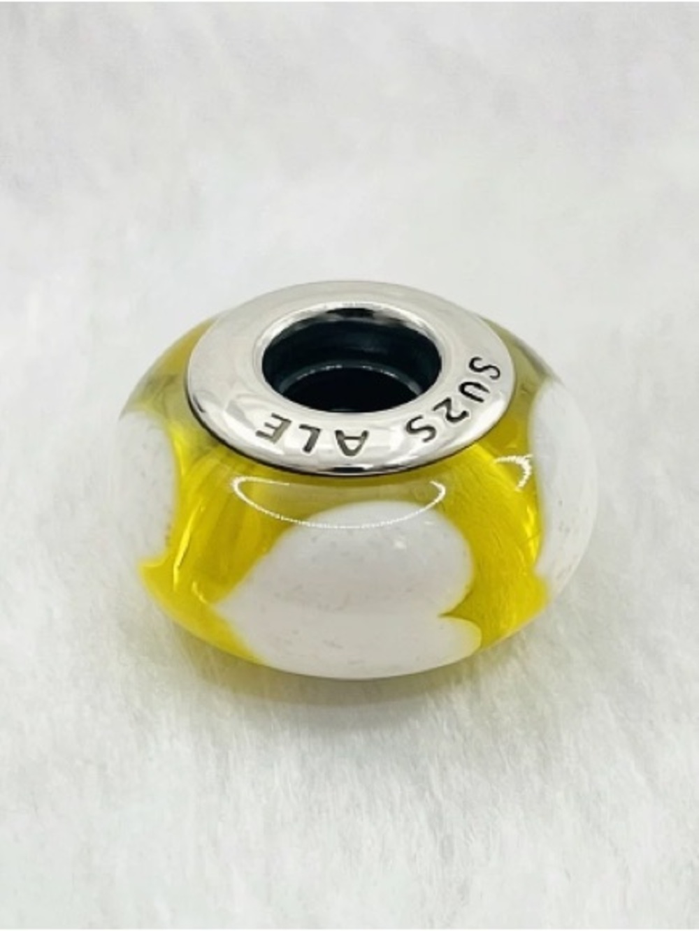 Yellow and White Glass Charm Bead with Sterling Core